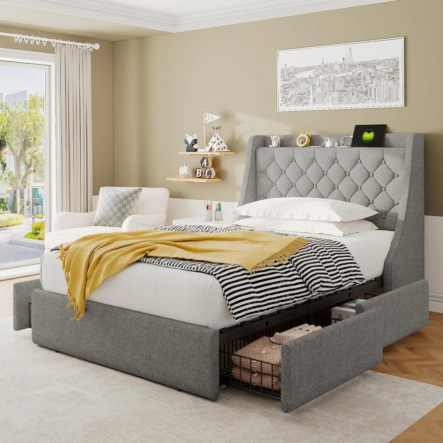 ADDISON Modern Upholstered Full Bed Frame with 4 Storage Drawers & Charging Ports - 56''