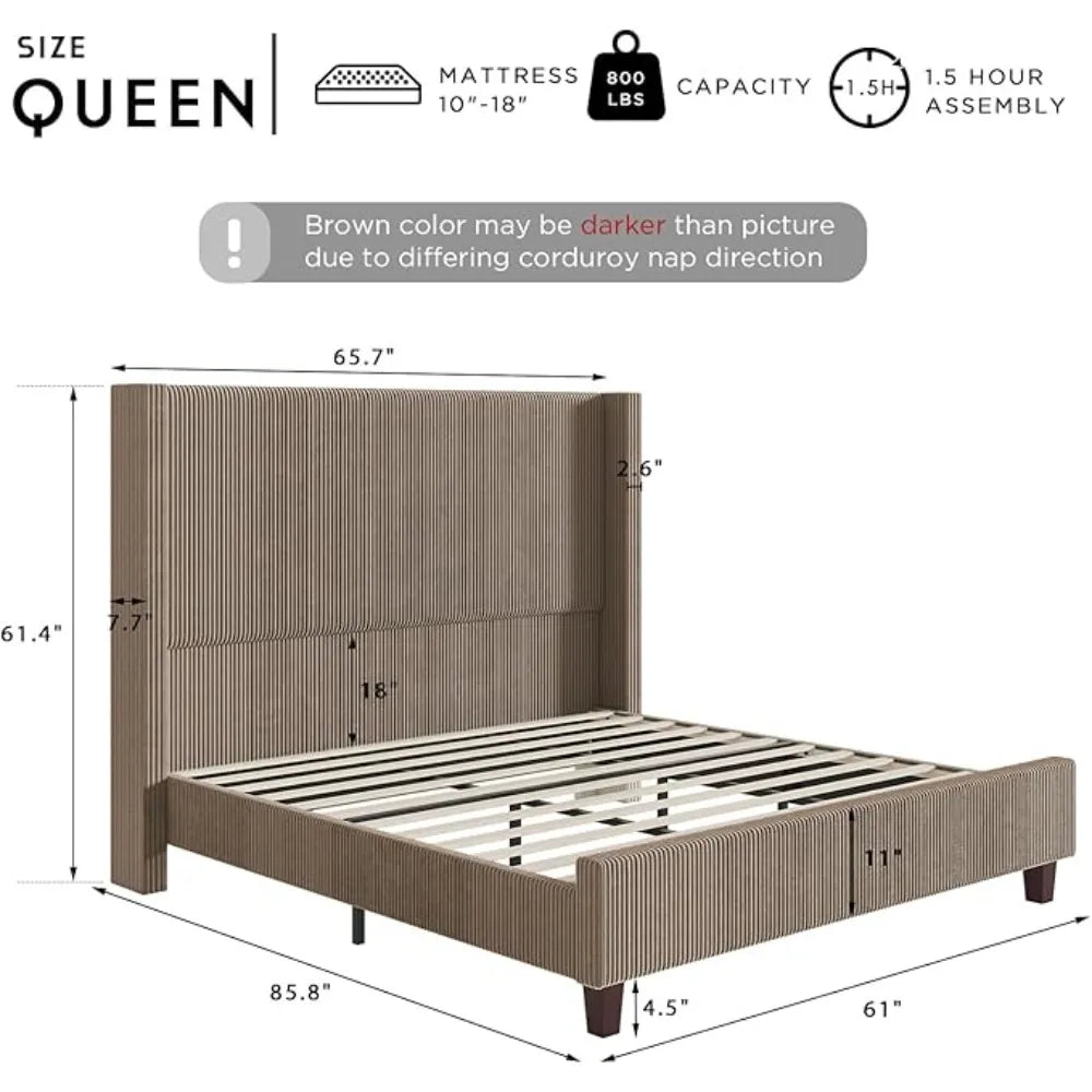 ELLA Modern 61" Corduroy Upholstered Platform Bed Frame with Wingback Headboard, No Box Spring Needed