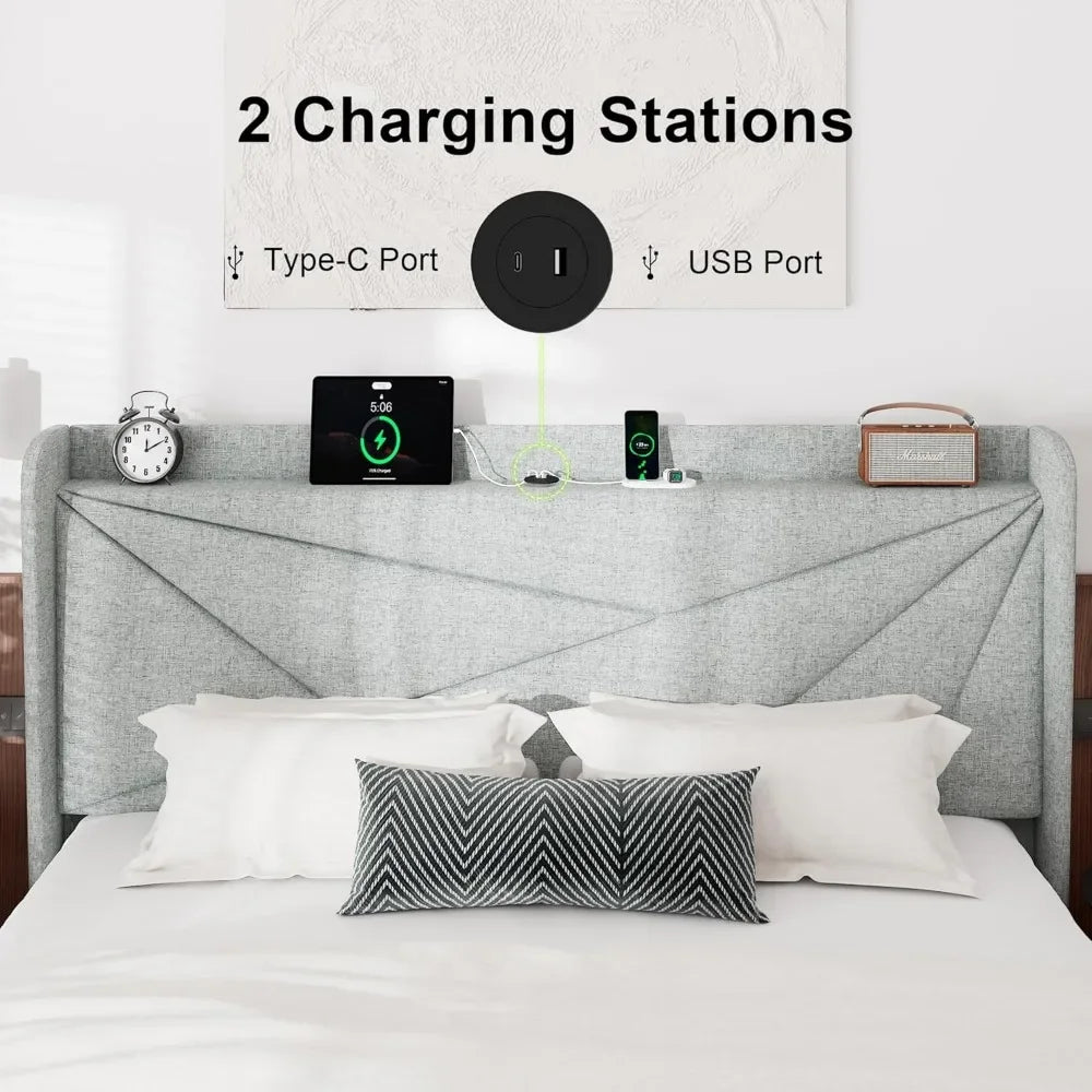 GRACE Modern Upholstered King Size Bed Frame with Charging Station & Storage Headboard – 76" Wide