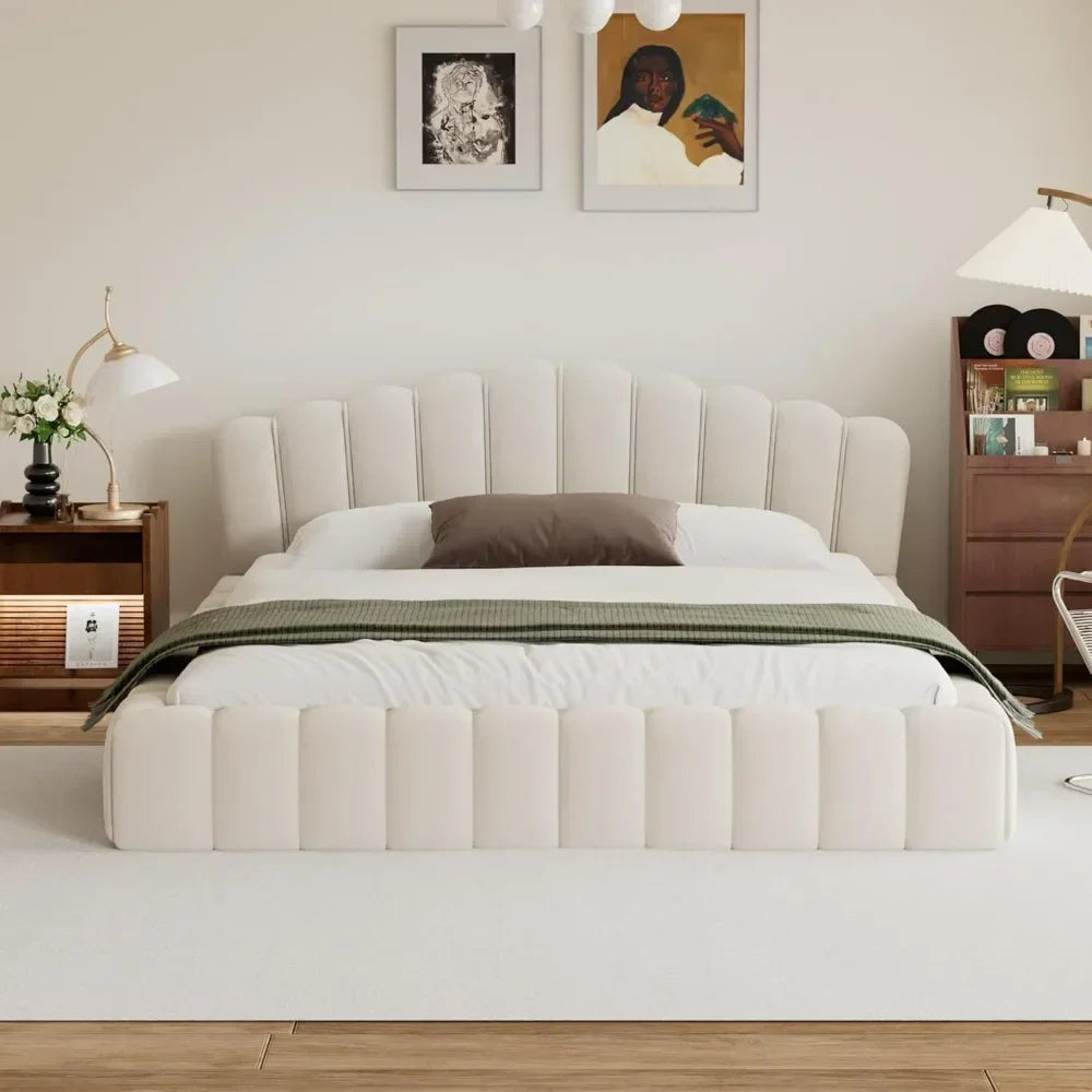 MELANIE Elegant Shell-Shaped Velvet Upholstered Queen Bed Frame - No Box Spring Needed