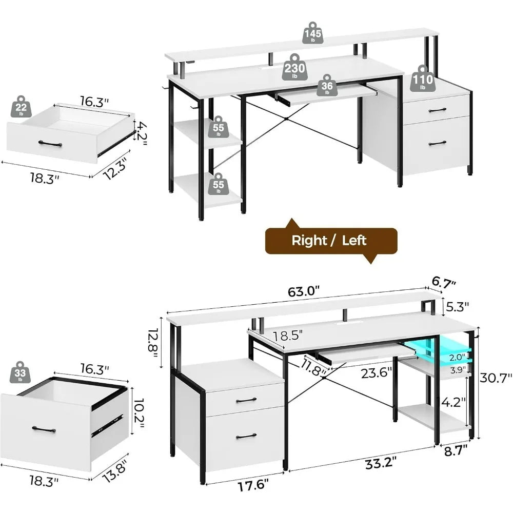 OLIVIA Gaming Desk with LED Lights & Power Outlets Storage Shelves- 63"W
