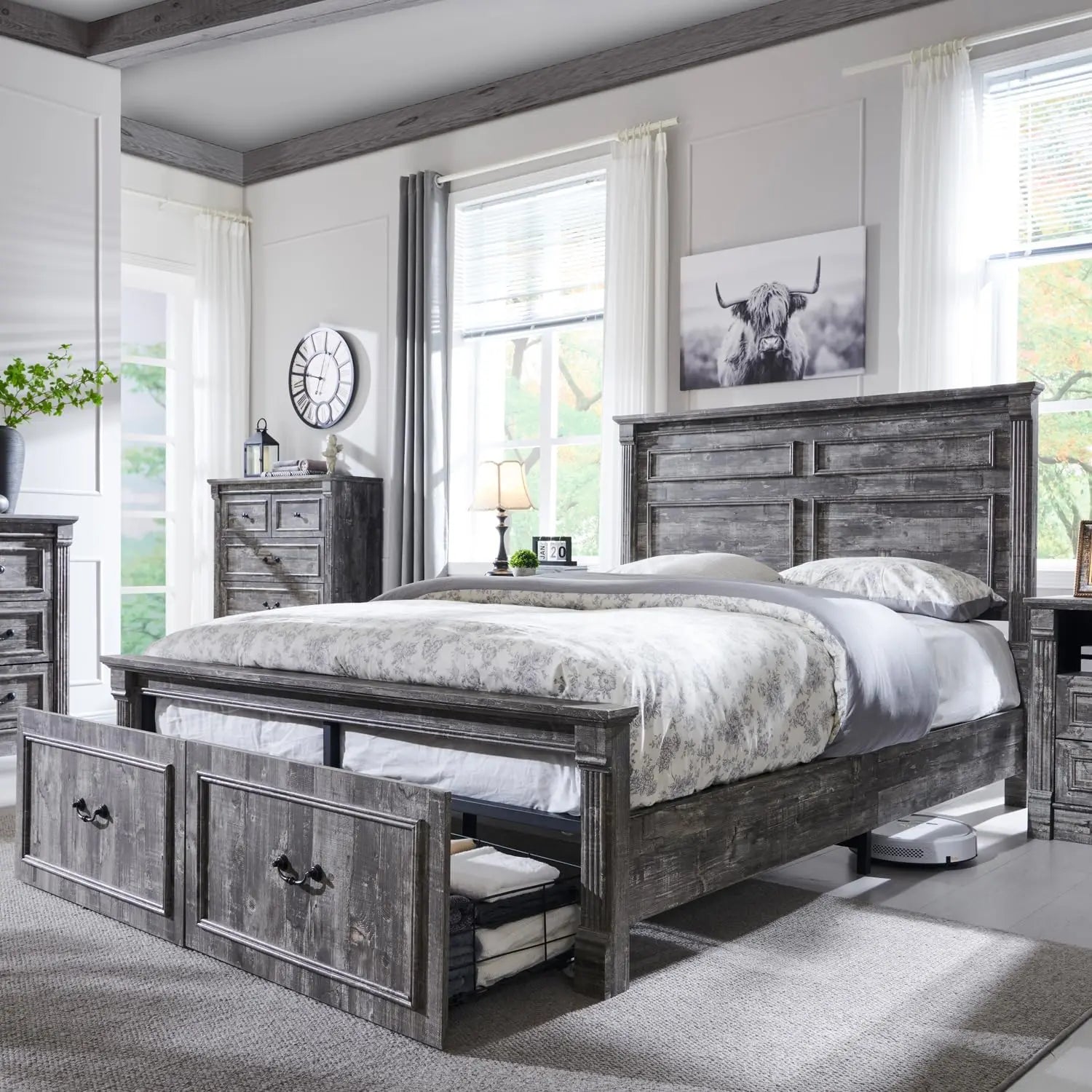 LAYLA Farmhouse Wood Platform Bed Frame with 51'' Tall Headboard & 2 Storage Drawers - 79.9'' Wide