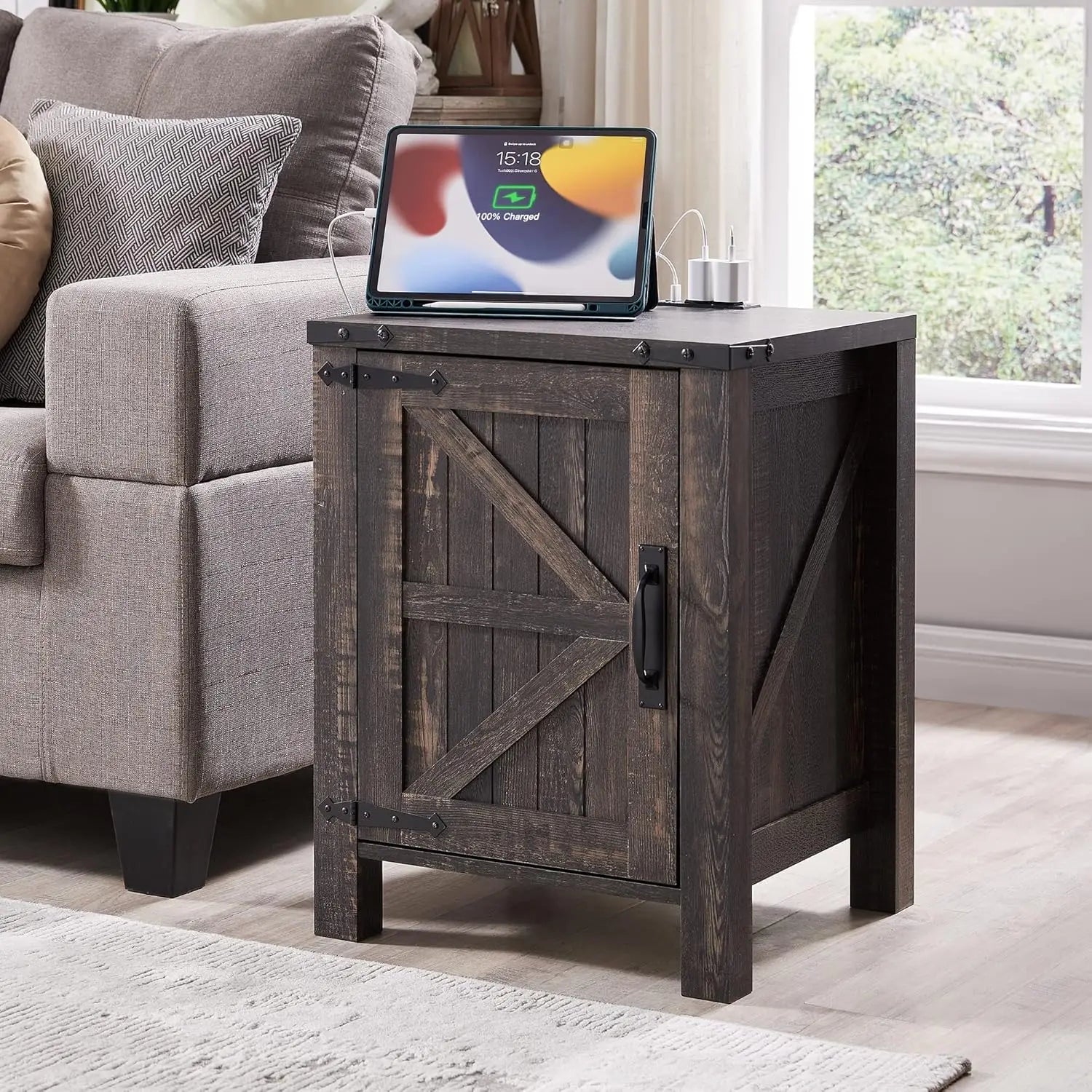 CAMILLA Rustic Farmhouse Barn Door Nightstand with Charging Station - 18'' Wide