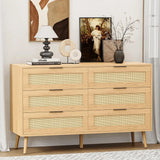 ADALYN Modern Rattan 6-Drawer Dresser - 47" Wooden Storage Chest for Bedroom & Living Room