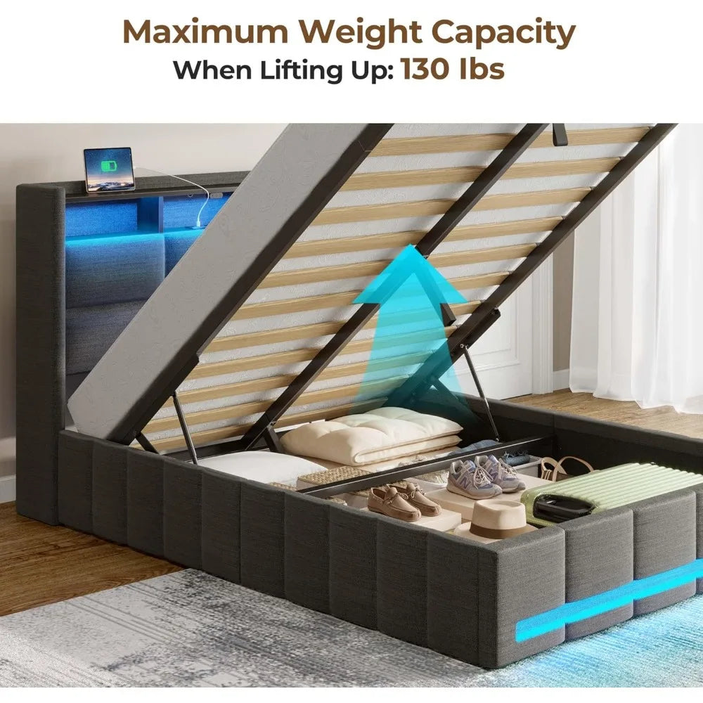 Inaya Modern Lift-Up Full Bed Frame with LED Lights and Storage Headboard