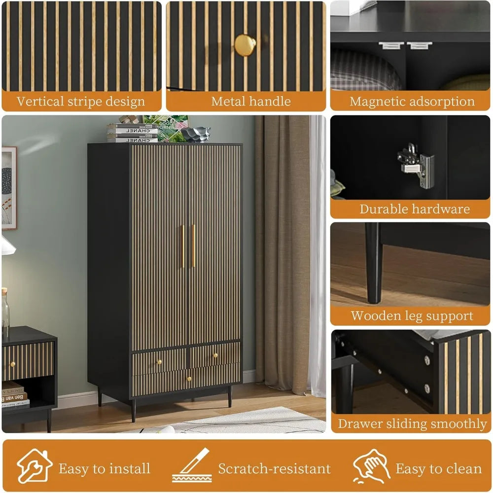 FIONA Modern Groove Panel Wardrobe Armoire – Wooden Clothing Organizer with Drawers, Shelves & Hanging Rod