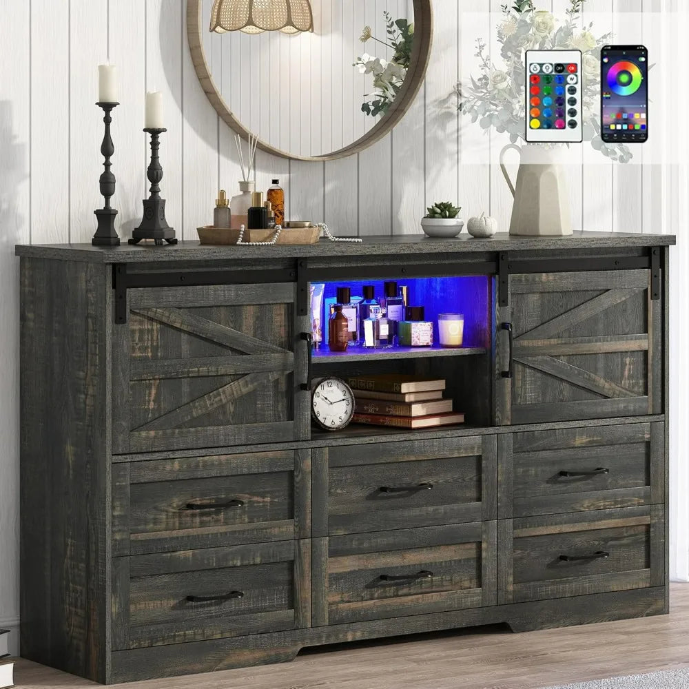JORDYN Rustic Farmhouse Dresser – 6 Drawer Storage Chest with Sliding Barn Doors & LED Lights | 63'' W