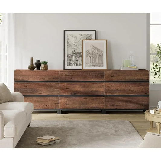 ADA Modern Walnut Grain 9-Drawer Dresser - 94.5" Wide Bedroom Storage Unit