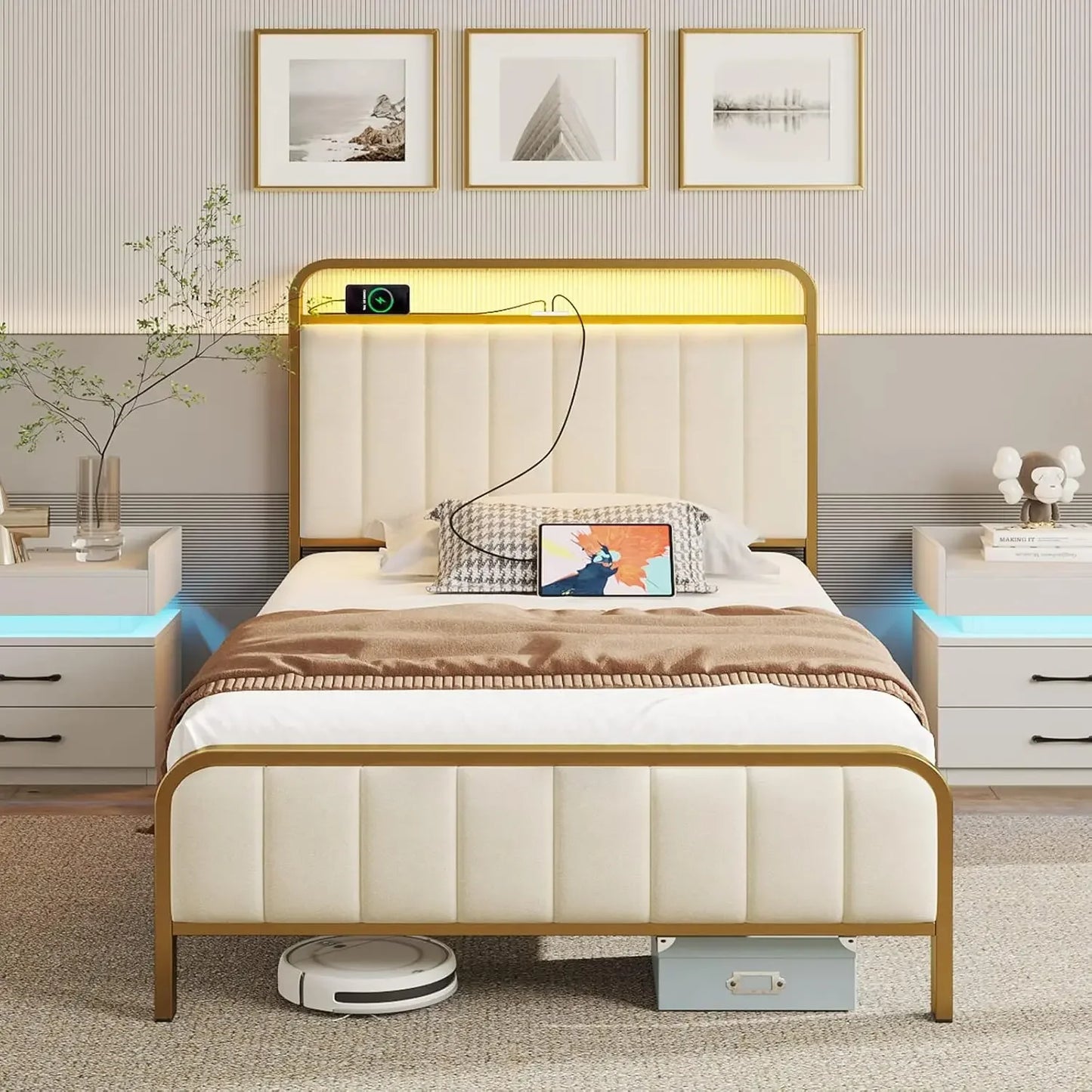 HANNAH Modern Queen Size Bed Frame with LED Headboard, Charging Station & Storage