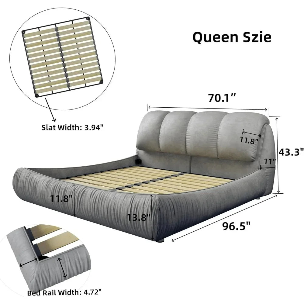 ZOE Luxury Queen Size Upholstered Platform Bed - Cloud Design, Soft Frame