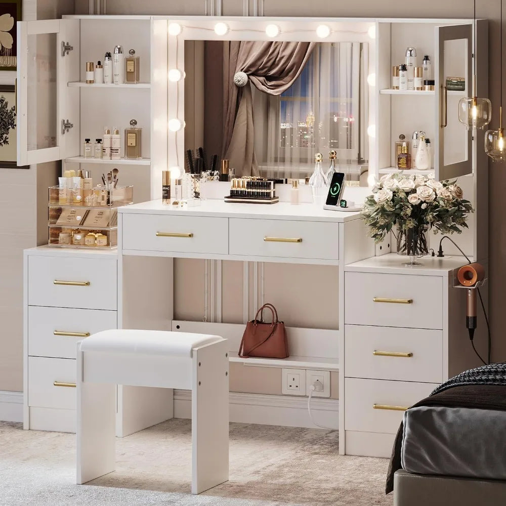 ADALINE Modern Vanity Desk with Mirror & Lights - 58.3'' Makeup Table with Drawers & Power Outlet