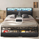 FREYA Modern X-Shape LED Platform Bed Frame with Storage Drawers & Charging Station