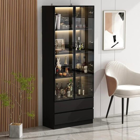 MARY Modern Bookcase with LED Lights, Glass Doors & 4-Tier Shelves - 31.5" W