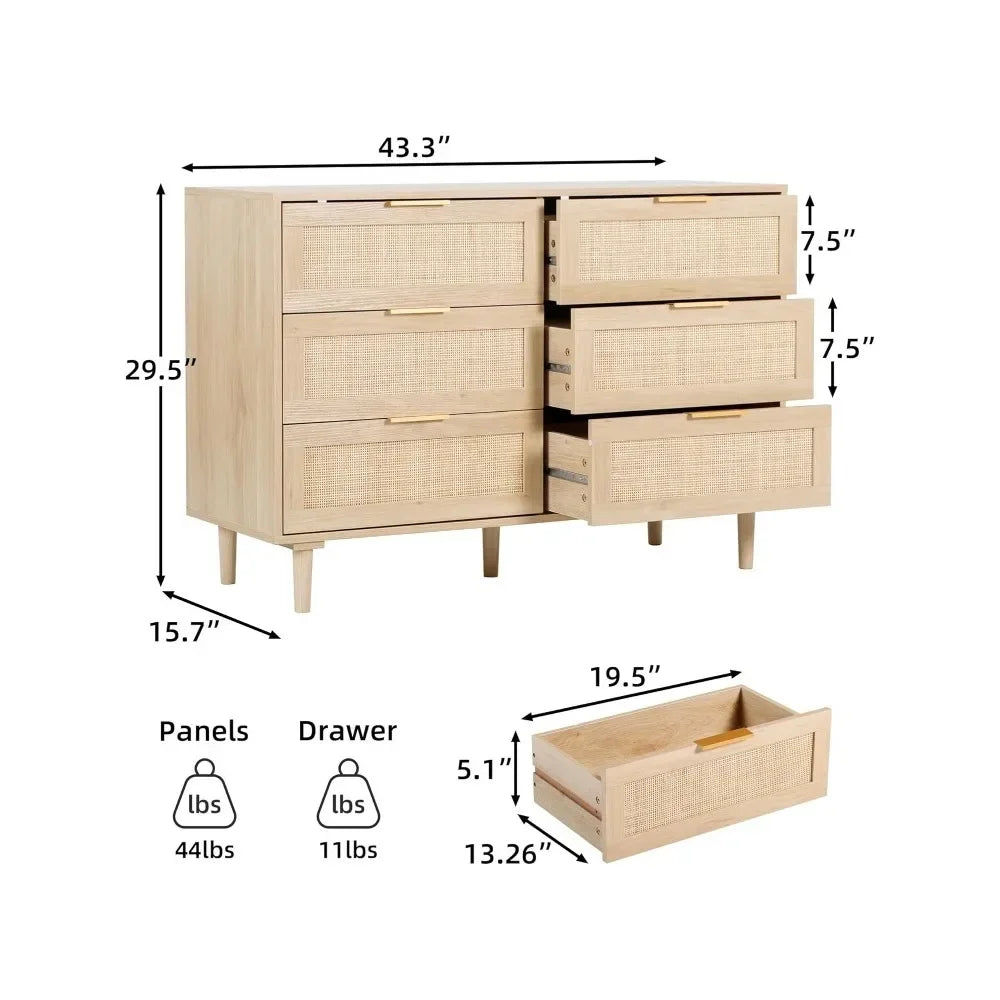 ELIANNA Modern Rattan 6-Drawer Dresser - 43.3" Wide Wood Storage Chest