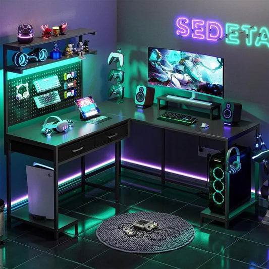 EMMA Gaming Desk with LED Lights, Pegboard, Drawers & Monitor Stand - 54.3"W