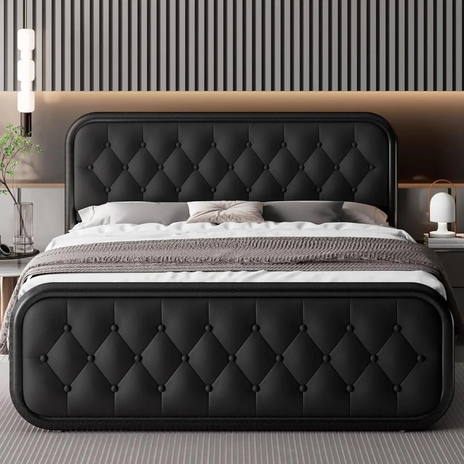 MADISON Modern King Size Upholstered Bed Frame with Tufted Faux Leather Headboard - 82"