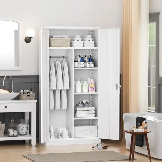 HOLLY White Metal Wardrobe Closet with Shelves – 32" Wide Armoire Cabinet