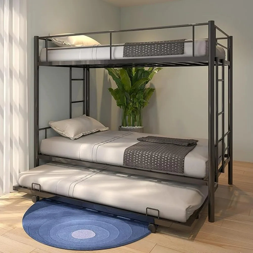 Miller Modern Metal Twin Over Twin Bunk Bed Frame 39.4" Wide with Trundle and Ladders