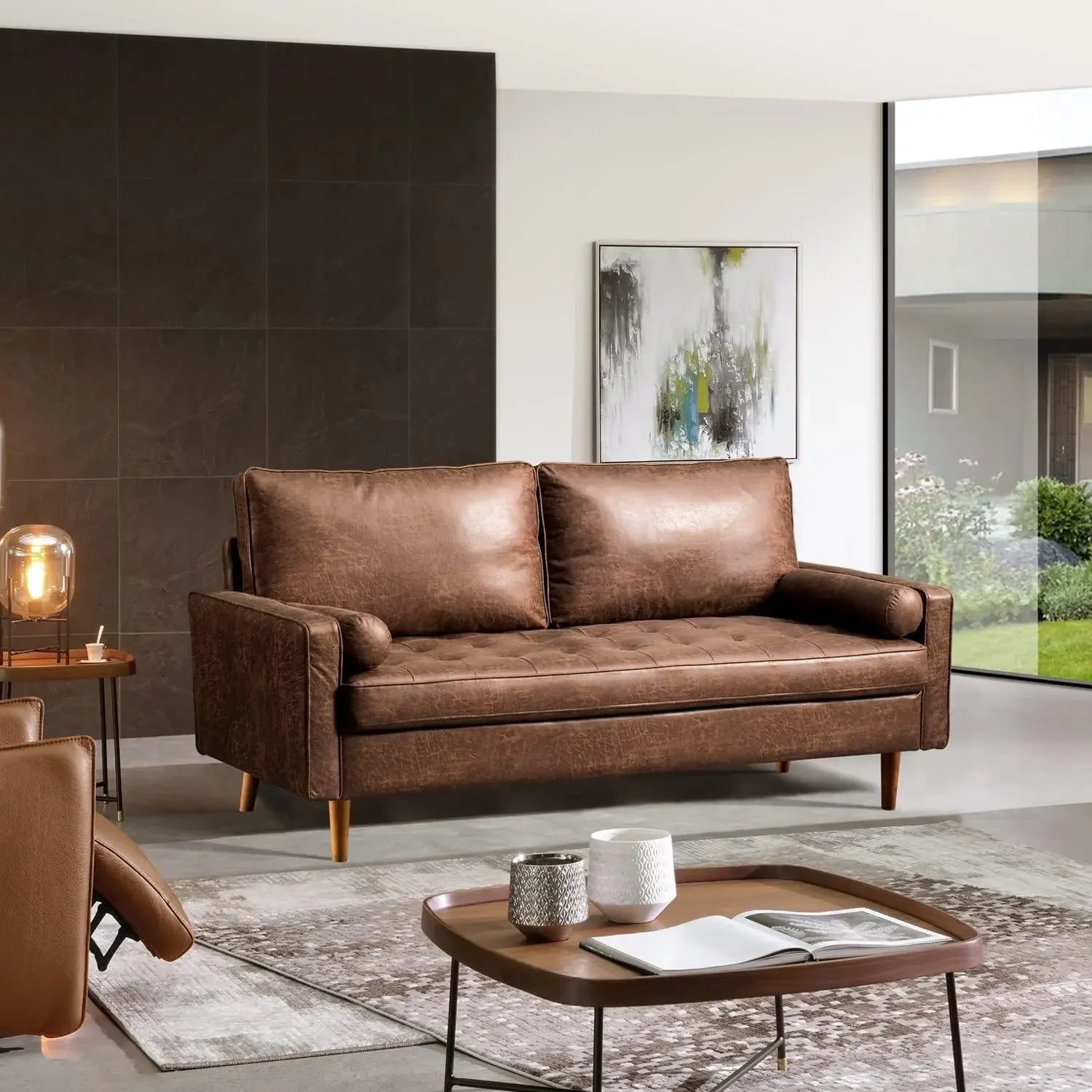 NOAH Mid-Century Loveseat Sofa – Suede Leather Couch - 70"