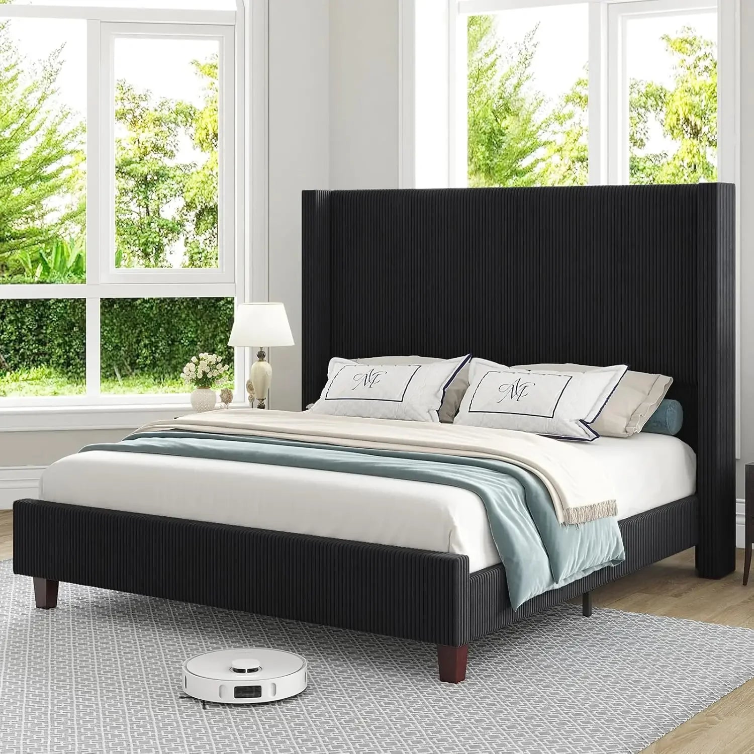 ELLA Modern 61" Corduroy Upholstered Platform Bed Frame with Wingback Headboard, No Box Spring Needed