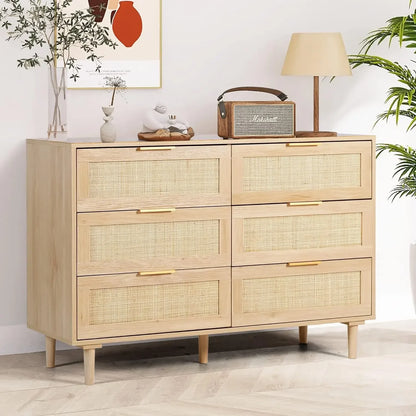 ELIANNA Modern Rattan 6-Drawer Dresser - 43.3" Wide Wood Storage Chest