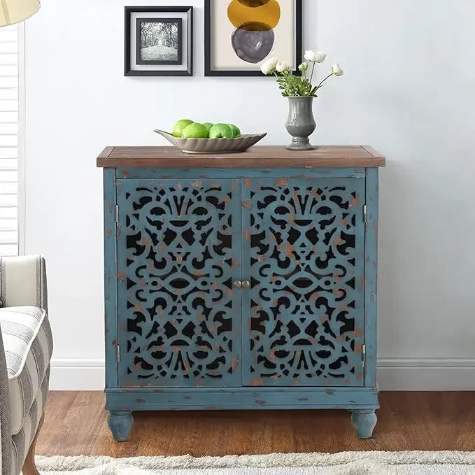 ALESSIA Vintage Carved Wood Accent Cabinet - 31.5" Tall Distressed Storage Cabinet