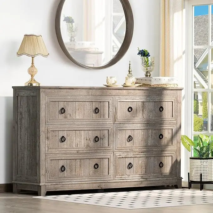 KAMILA Vintage Farmhouse 6-Drawer Wood Dresser - 54'' Wide