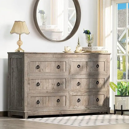 KAMILA Vintage Farmhouse 6-Drawer Wood Dresser - 54'' Wide