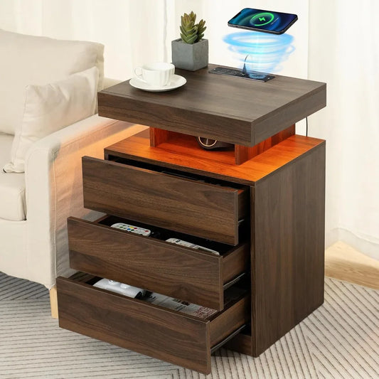 ROSEMARY Nightstand with Wireless Charging Station – 19.7" Wood LED Bedside Table with 3 Drawers