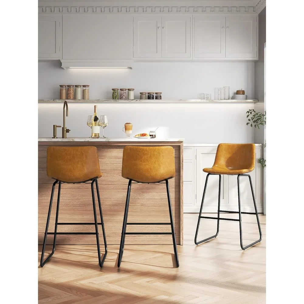 Bar Stools Set of 3, 26 Inches Counter Height Bar Stools with Back, Modern Faux Leather Barstools with Metal Legs and Footrest,