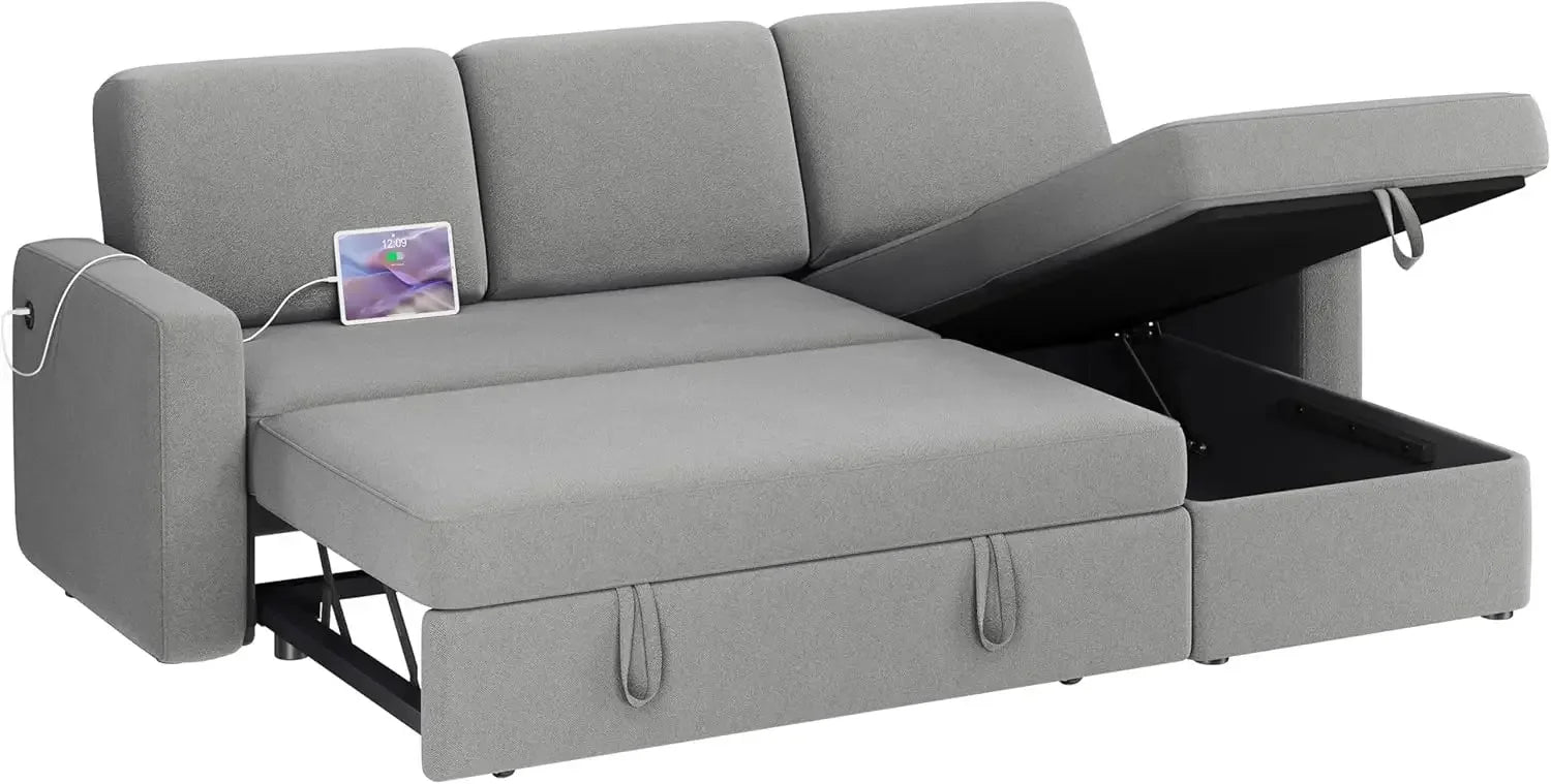 SEBASTIAN Modern Sectional Sofa with Chaise, USB, Pull-Out Bed & Storage - 80.5"