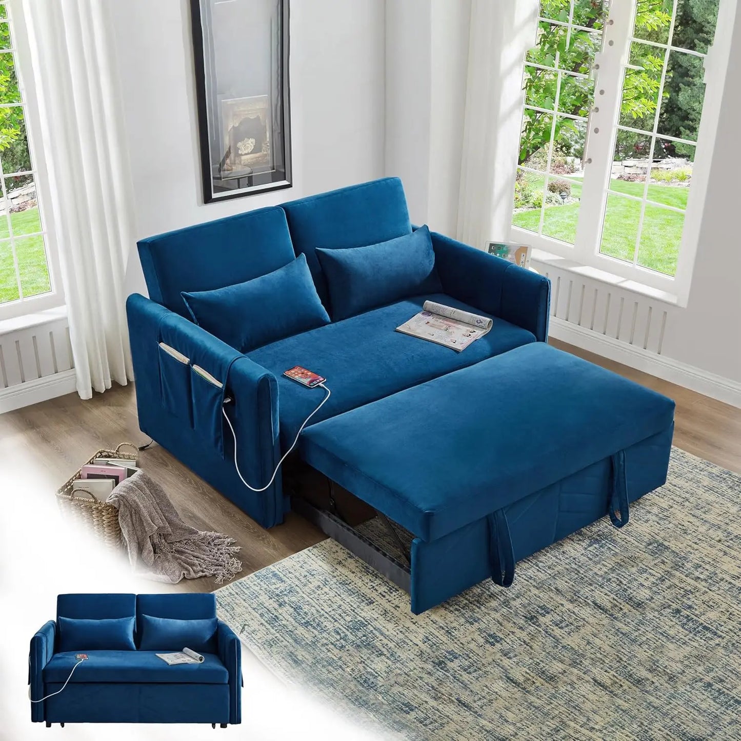 SARAH Modern Sleeper Sofa Bed – 3-in-1 Pull-Out Loveseat with Adjustable Backrest - 33.1"