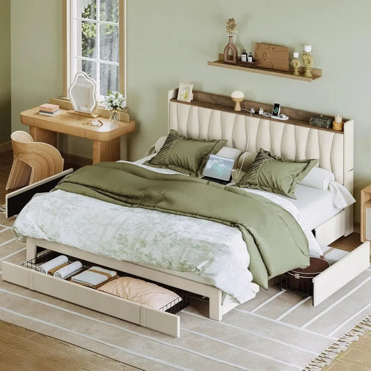 LILLIAN Modern Upholstered Platform Bed Frame with Storage Headboard & Charging Station