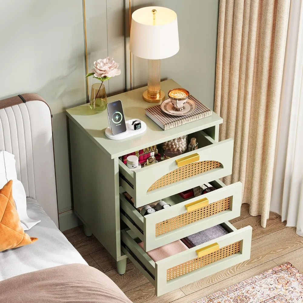 BROOKE Mint Green Modern Rattan 3-Drawer Nightstand - 19.69''