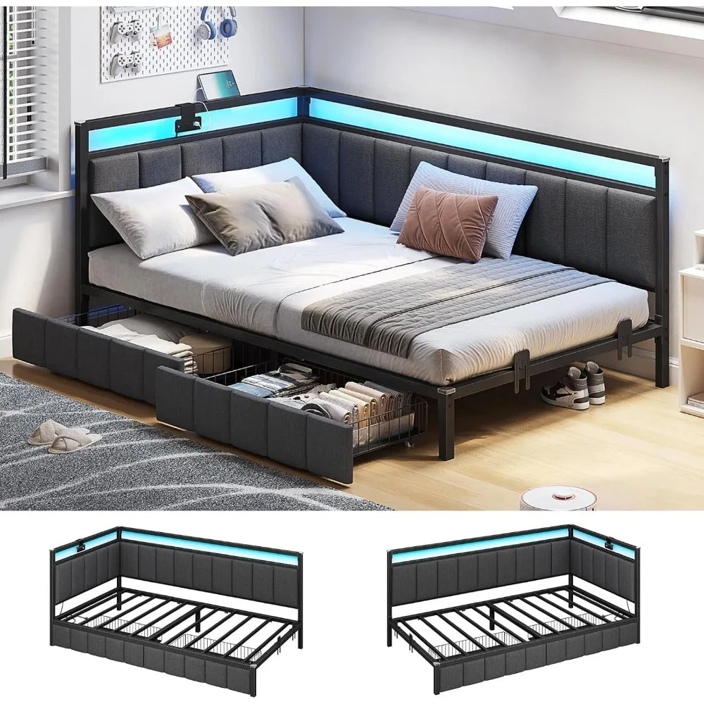 Kya Modern Upholstered Corner Bed Frame | Twin Size 40.6" Wide Daybed with LED Lights