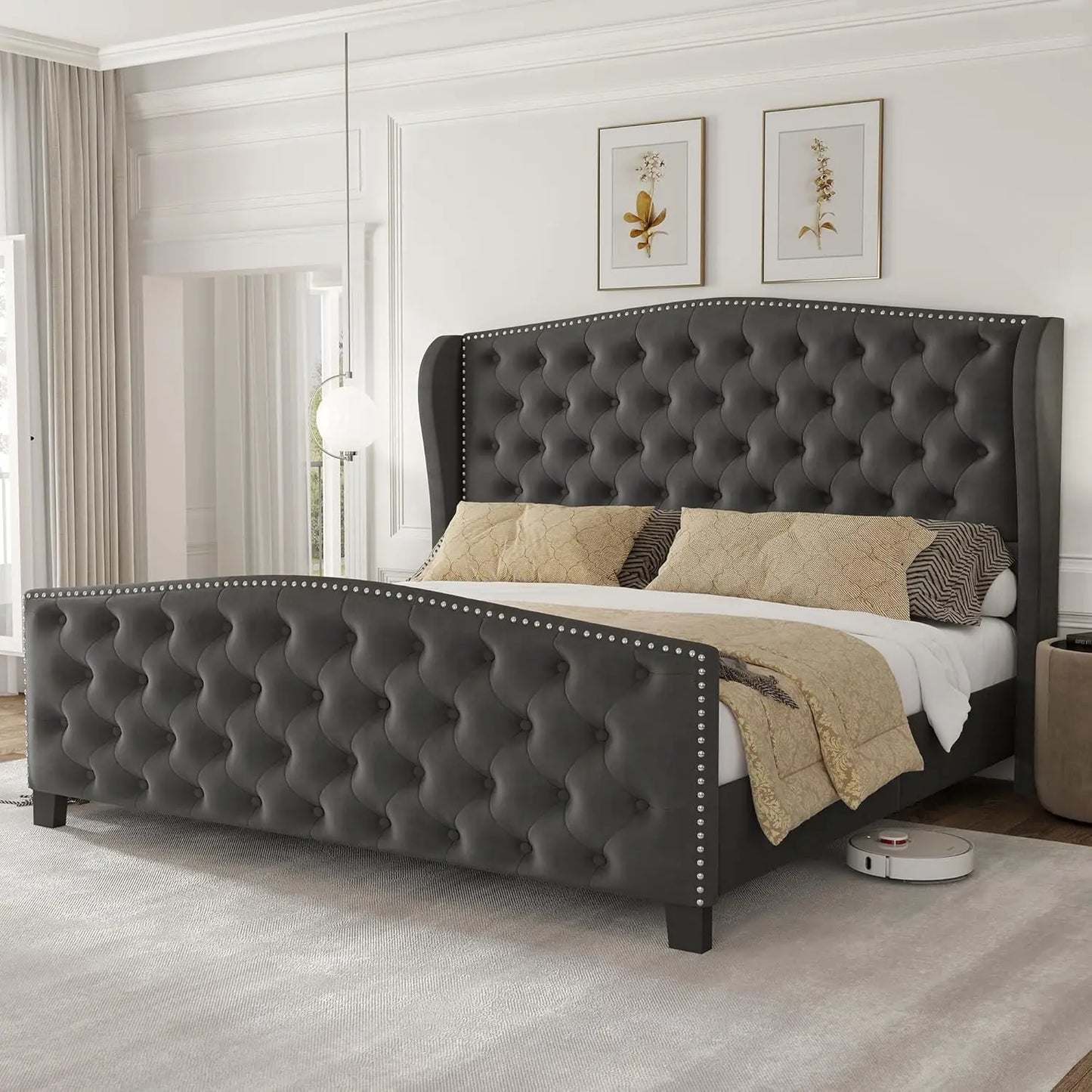 ALICE Luxury Wingback Velvet Upholstered Platform Bed Frame with Button Tufted Headboard