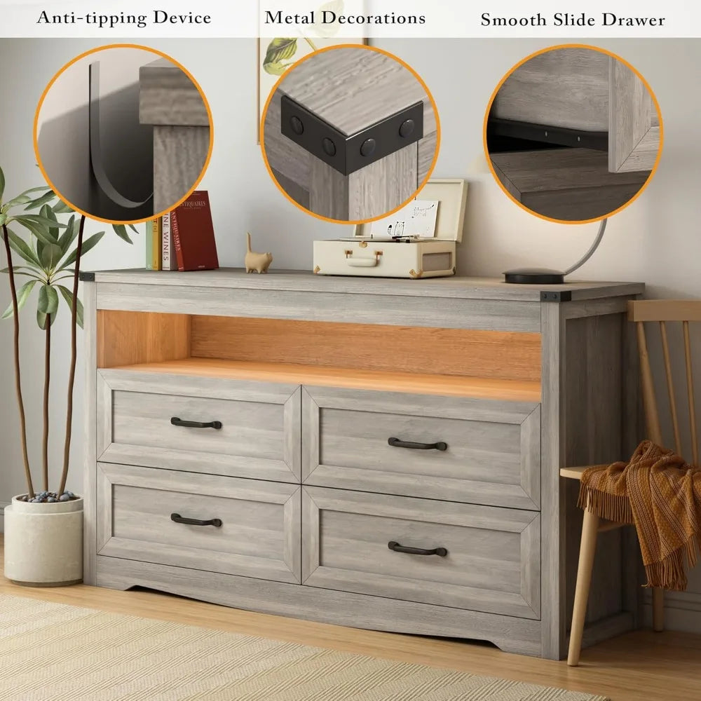 EVIE Rustic LED Bedroom Dresser – 4 Drawer Wooden Storage Chest with Open Shelf | 47.2'' W
