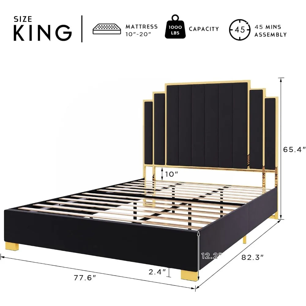 KENNEDY Modern Velvet Upholstered Platform Bed Frame with 65" Gold Trim Headboard