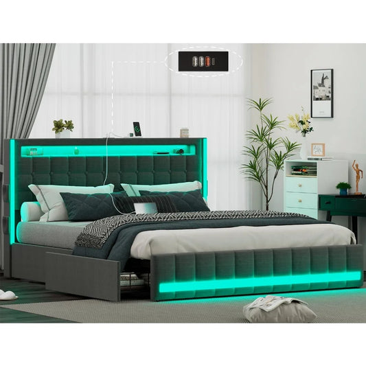 KEHLANI Modern LED Full Size Bed Frame with Storage Drawers – 56.5"W Upholstered Platform Bed