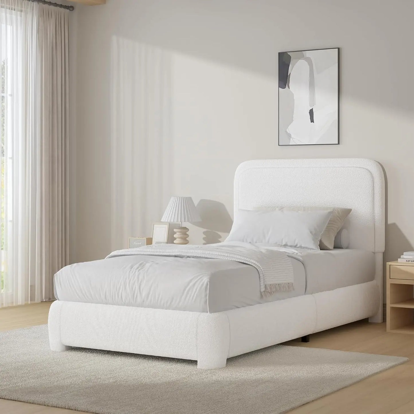 SERENITY Modern Boucle Upholstered Bed Frame with Rounded Headboard - Twin Size