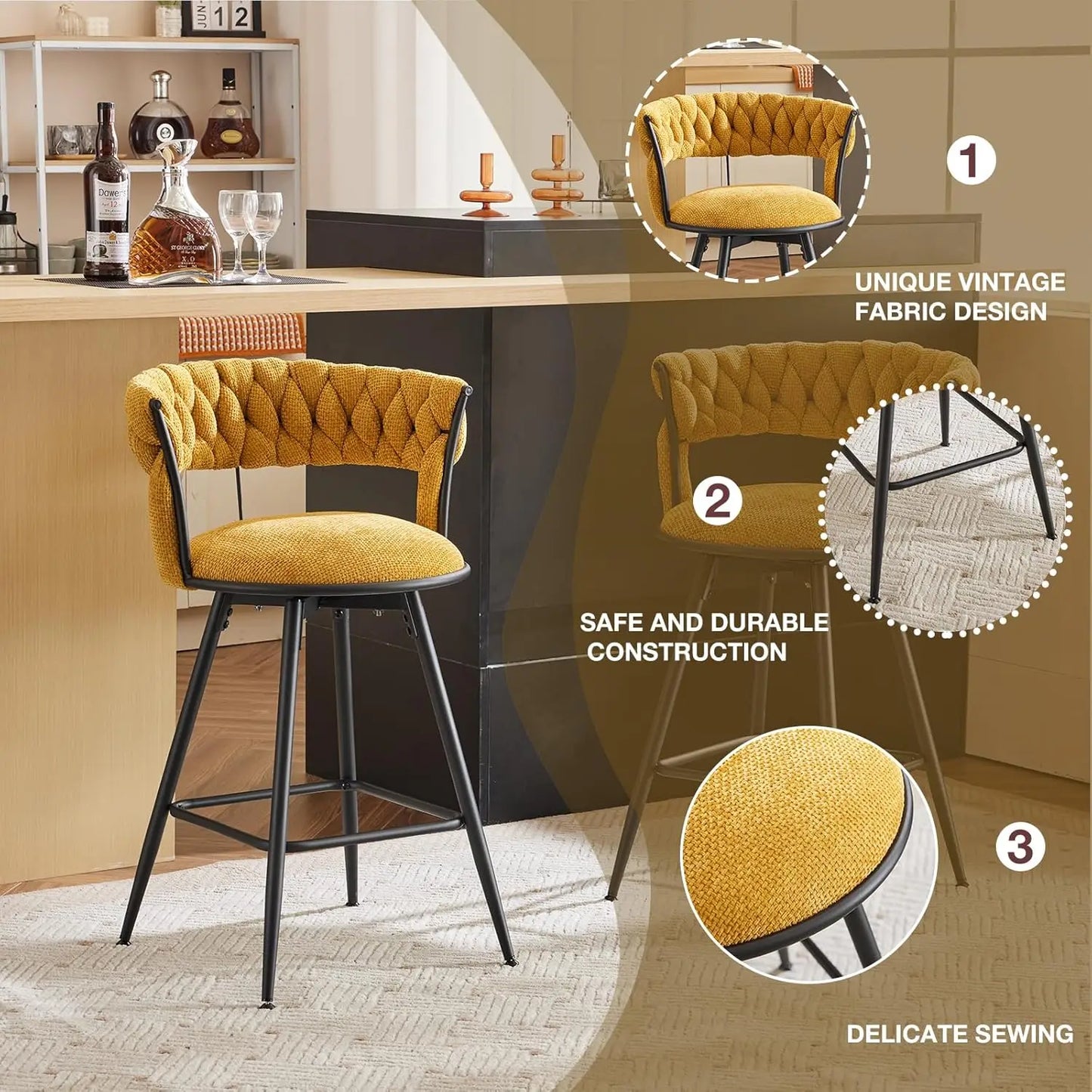 26 inch Bar Stool Set of 2, 360° Swivel Counter Barstool with Backrest, Upholstered Hand-Woven Barstool, Modern Bar Chair