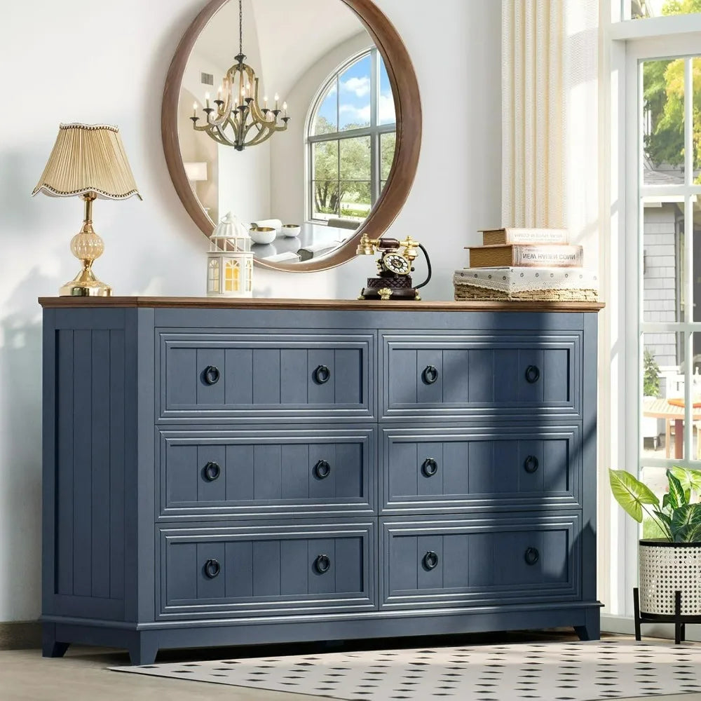 KAMILA Vintage Farmhouse 6-Drawer Wood Dresser - 54'' Wide