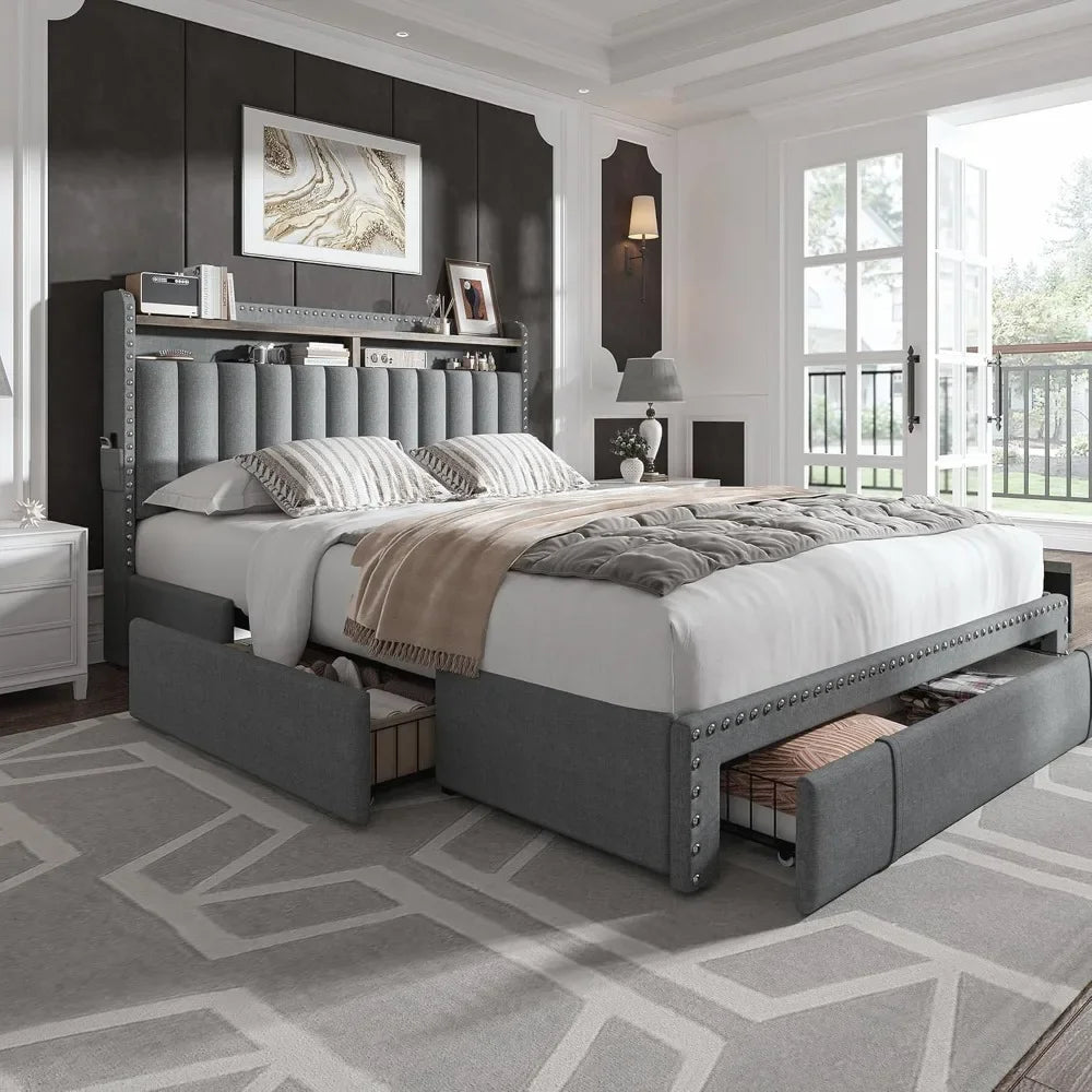 Scottie Vintage Style Queen Bed Frame with Upholstered Headboard and 62" Width Storage Drawers