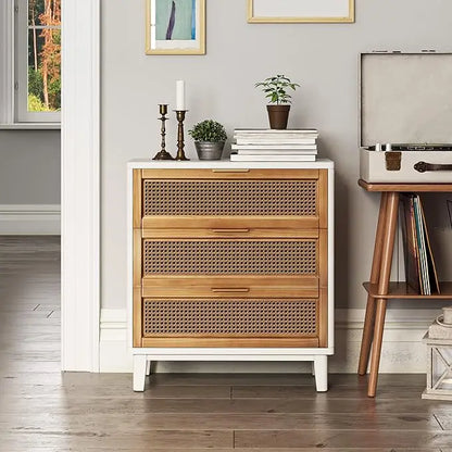 NAVY Farmhouse 3-Drawer Rattan Nightstand - 25" W Black Cane Front Accent Dresser with Brass Pulls