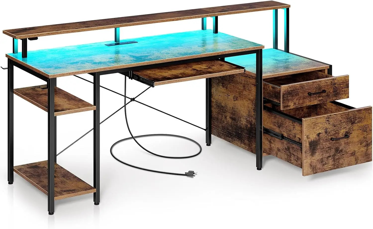 OLIVIA Gaming Desk with LED Lights & Power Outlets Storage Shelves- 63"W