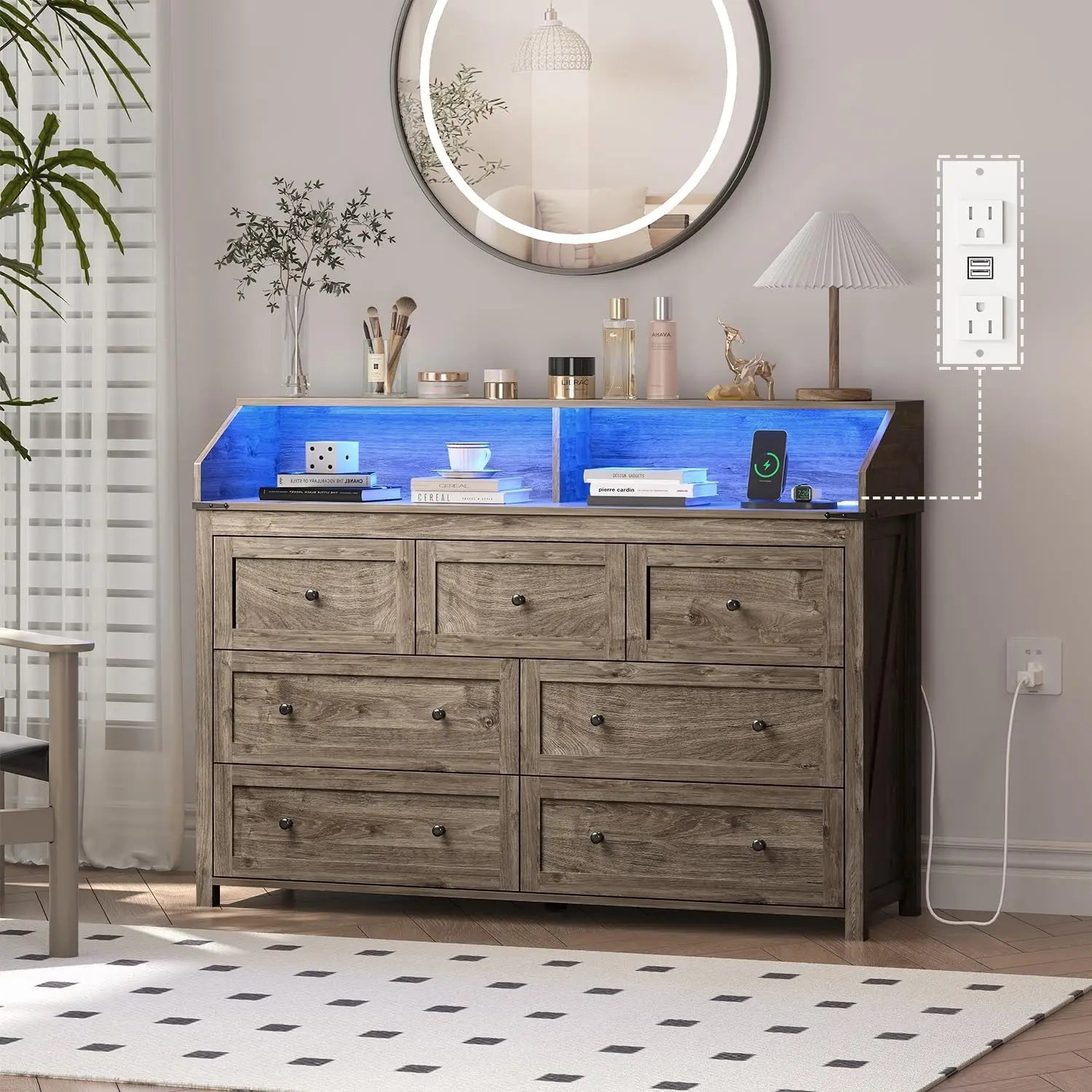 EVIE Rustic LED Bedroom Dresser – 4 Drawer Wooden Storage Chest with Open Shelf | 47.2'' W