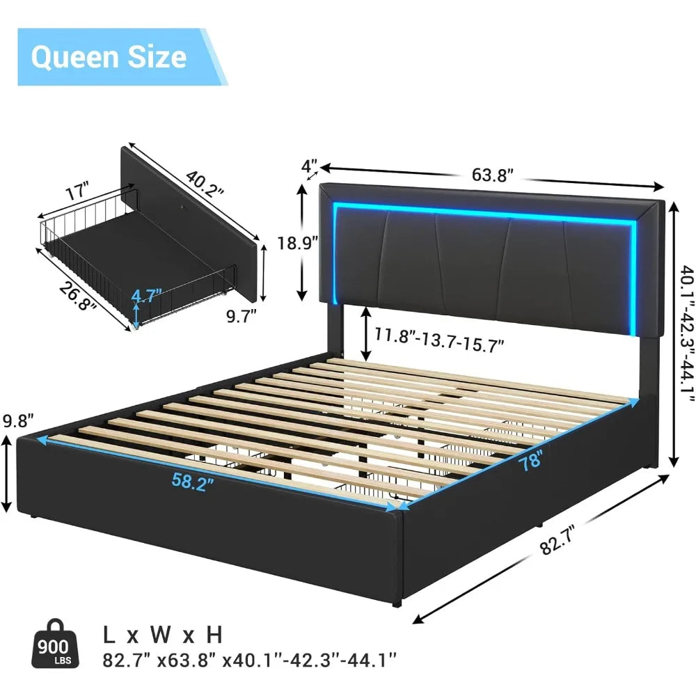 MARY Modern LED Upholstered Bed Frame with Storage Drawers - Queen/King Size