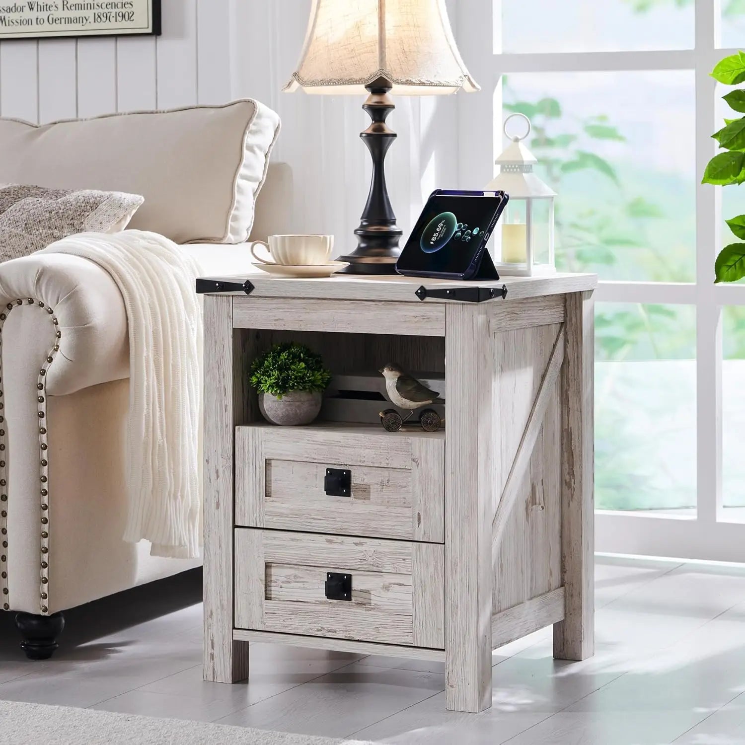 CHARLEE Rustic Farmhouse Nightstand with Charging Station & Storage - 18'' Wide