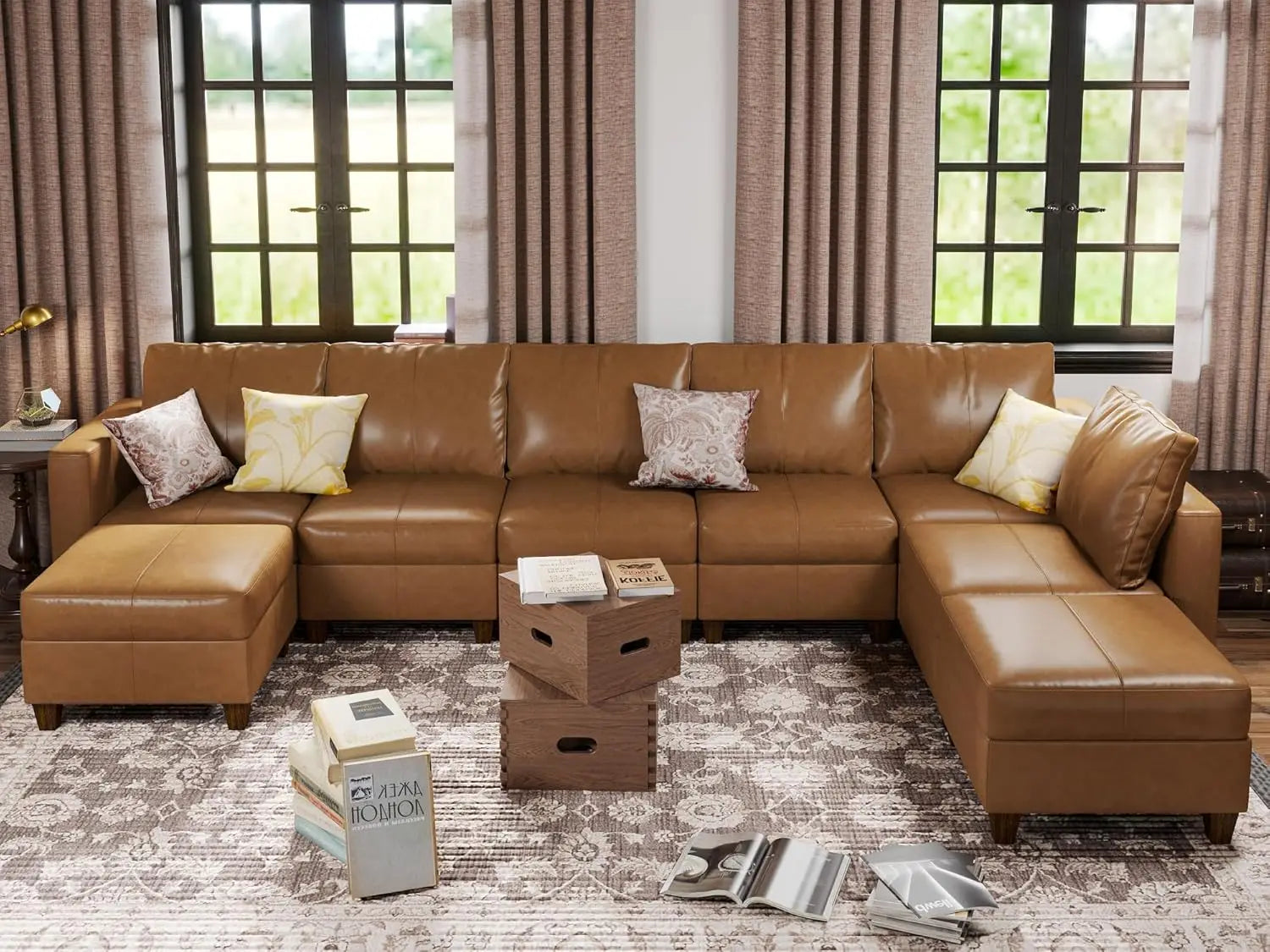AVERY LuxOra Faux Leather U-Shaped Modular Sectional Sofa | Convertible Sleeper with Storage Ottomans – 118.2″ W