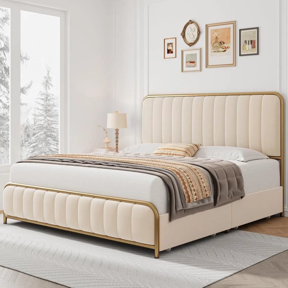 REMI Elegant Velvet Upholstered Bed Frame with 4 Storage Drawers - 60''